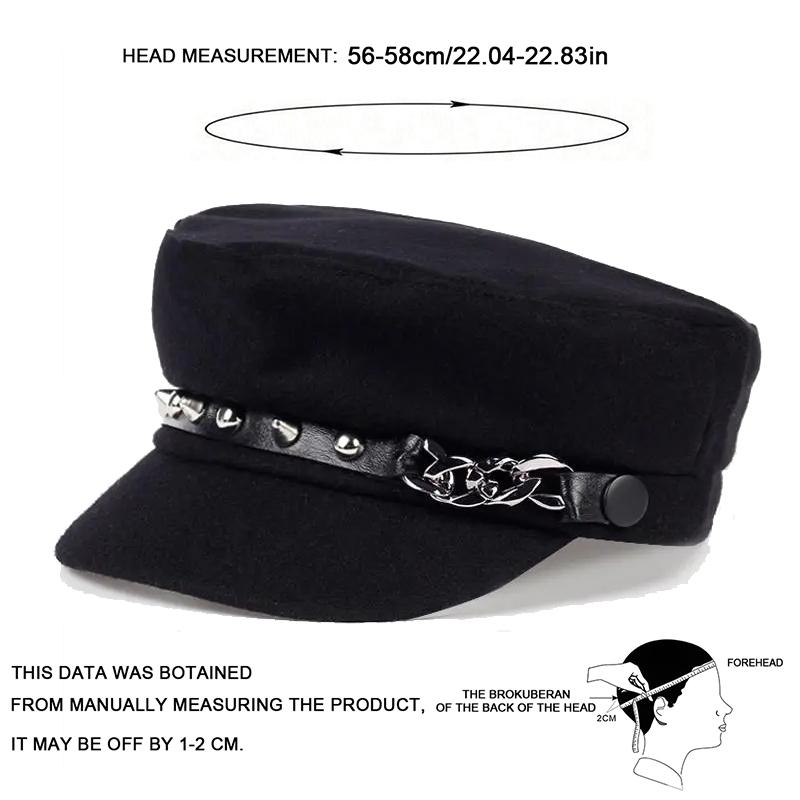 Chapeau Bleu Marine Chaîne Rivets Unisexe Printemps Automne Extérieur Décontracté Chapeaux de Soleil Adultes Casquette Béret Hip Hop Chapeau Pare-Soleil Casquette de Sport
