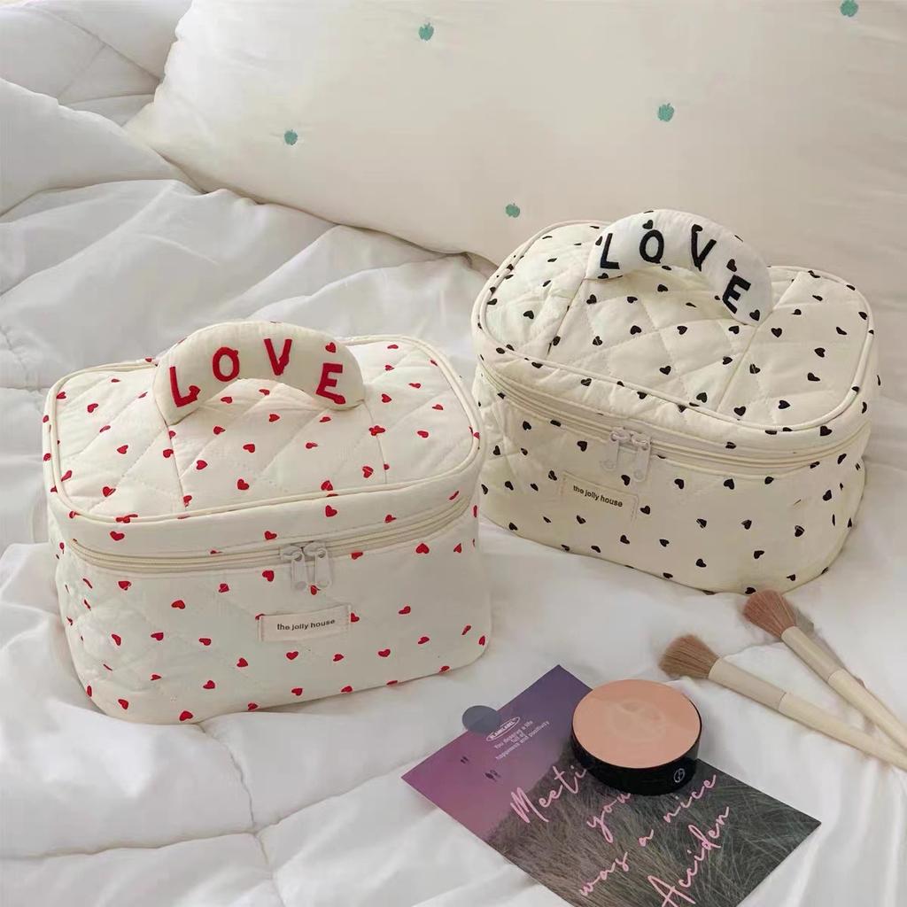 Mini Heart Print Soft Cotton Cosmetic Bags Korea Ins Storage Make Up Bags For Women Portable Travel Organizer Toiletry Bag