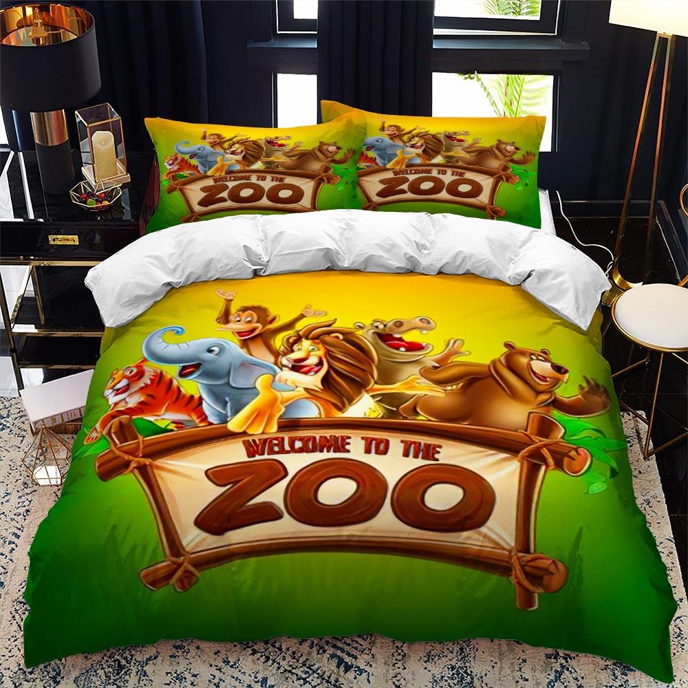 Zoo Duvet Cover Set King Queen Size Animal In The Forest Cartoon Illustration Lion Panda For Kids Girl Boy Polyester Bedding Set