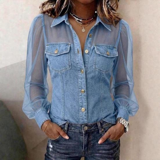 Women Shirt Perspective Mesh Patchwork Cold Shoulder Long Sleeve Denim Tops Lapel Buttons Placket Shirt Country Concert Clothing