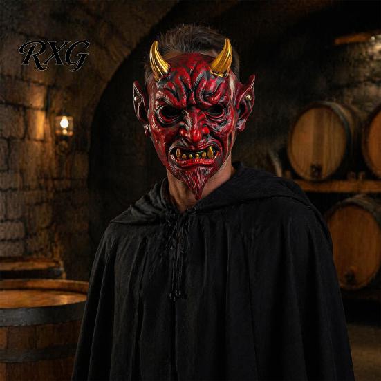 Parties Devil Mask Halloween Red Cosplay Mask, Creepy Golden Horned Demon Latex Comfortable Masquerade Costume Party Full Face for Men Adults