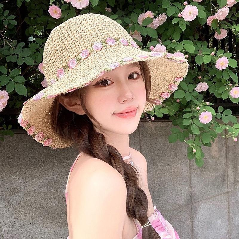 Hat Women's Spring and Summer Versatile Big Brim Straw Hat Summer Seaside Bucket Hat Face Small Sunscreen Hat Sun Hat