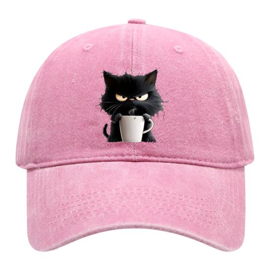 Cat Pattern Baseball Hat Adjustable Sunshade Curved Brim Sun Hat Unisex Hip Hop Casual Style Washed Coffee Cap