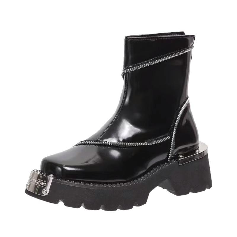 Square Heel Spring/autumn Modern Boots Round Toe Low Heel Ladies Shoes High Quality Solid Zipper Punk Women's Boots
