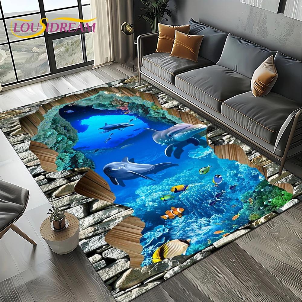 Підводний світ 3D Ілюзія Морське дно Мультяшна Акула Дельфін Килим Килимок для Вітальні Спальні Будинку Декор Дивана, Підлоговий Килимок Дитячий