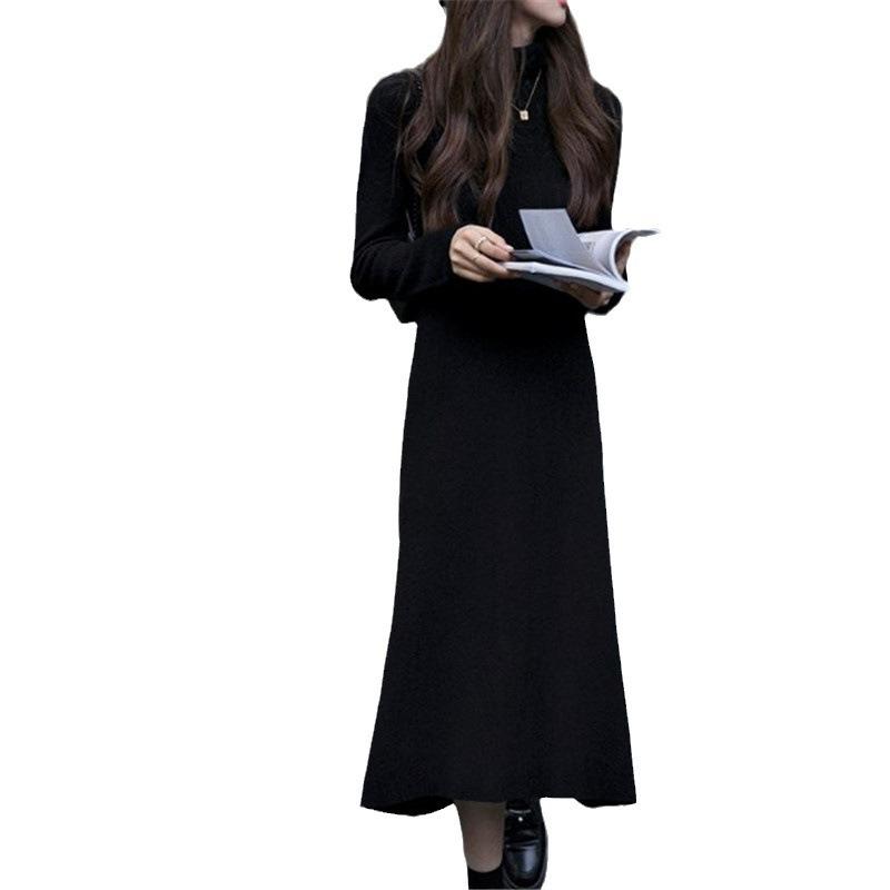 Solid Color Versatile Turtleneck Knitted Dress Women's Autumn and Winter New Medium and Long Loose Inner Bottom Sweater Skirt