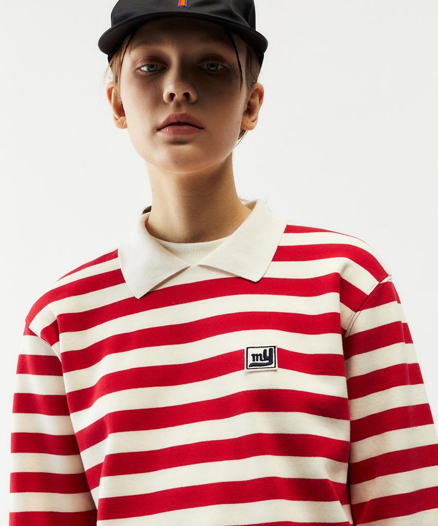 MAYOL Double Collar Wappen Striped Long Sleeve T-Shirt_Red