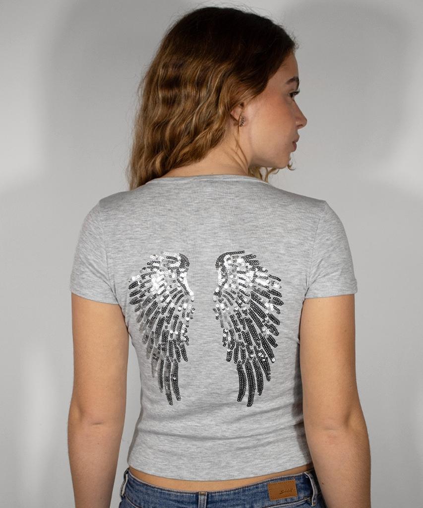 Seobdyudeu Wings Sequin T-Shirt (Pearl Grey Melange)