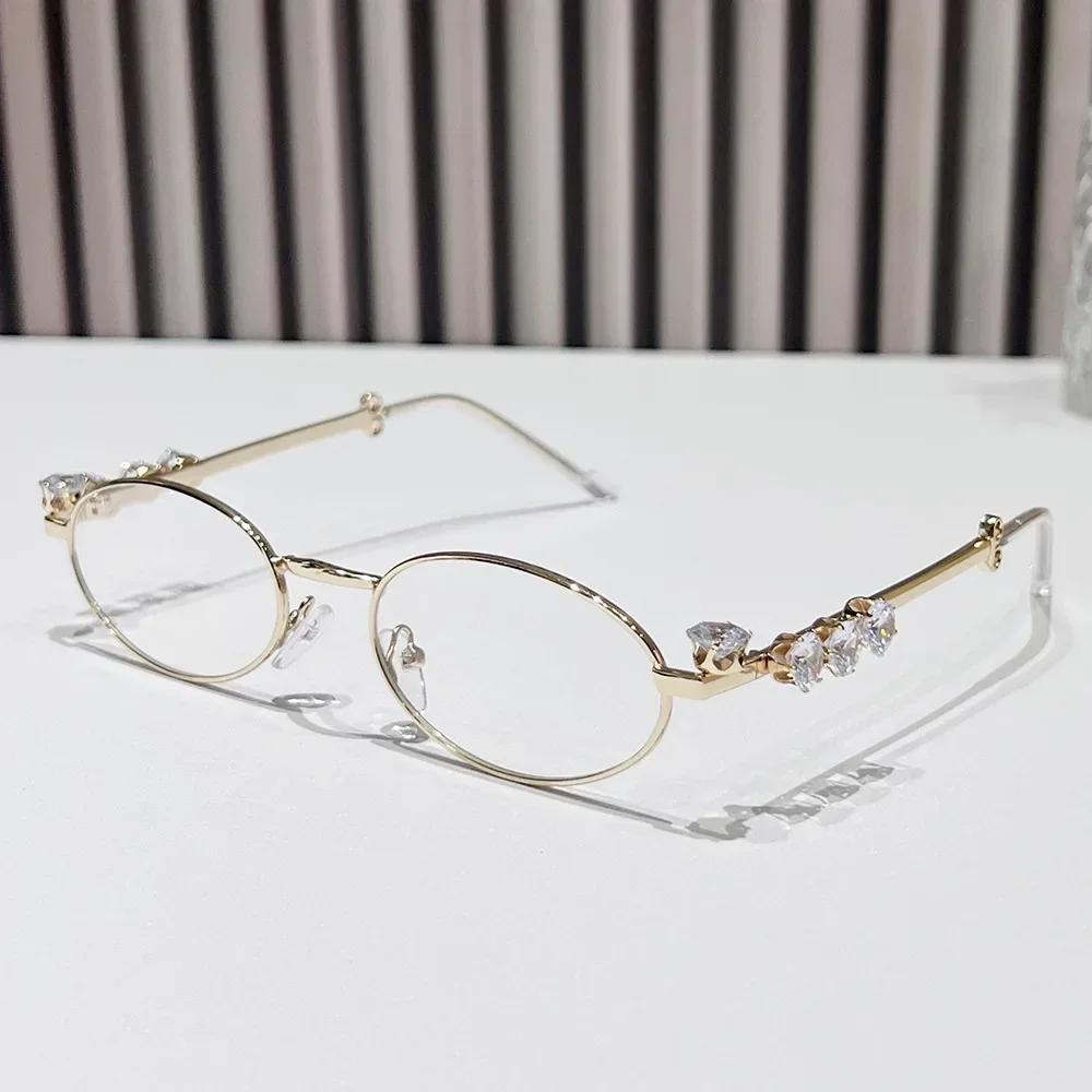 New Fashionable Metal Inlaid Diamond Elliptical Frame Women Sunglasses Retro Luxury UV400 Sunscreen Glasses