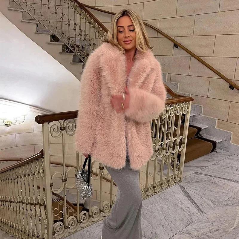 Fashion Fluffy Furry Jacket Women Winter Shaggy Overcoats Thick Warm Medium Length Coat Plush Outerwear Femme