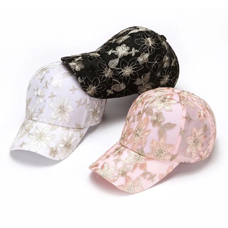 Women's Embroidered Floral Baseball Cap Korean Style Lace Mesh Sun Hat Spring Summer Breathable Uv Protection Adjustable Casual