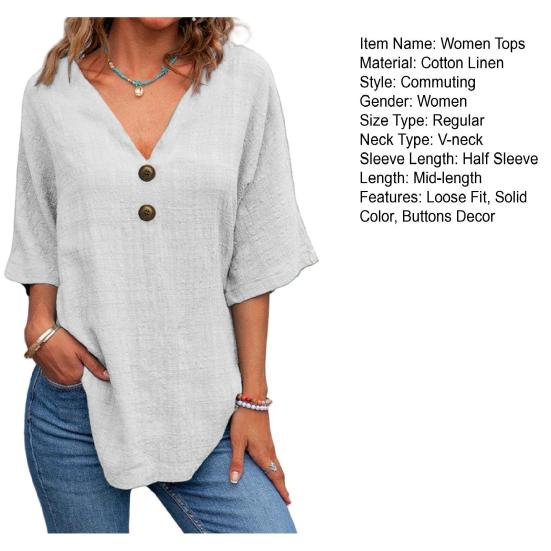 Women Summer Tops V-Neck Half Sleeve Casual Solid Color Tee Shirt Buttons Decor Loose Fit Mid-length Blouse