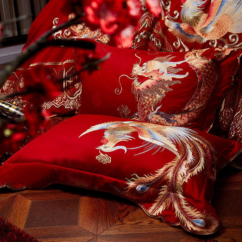 Long-staple Cotton 100-count Wedding Four-piece Bed Sheet and Quilt Cover Pure Cotton Dragon and Phoenix Quilt Red Quilt Six-piece and Ten-piece Set