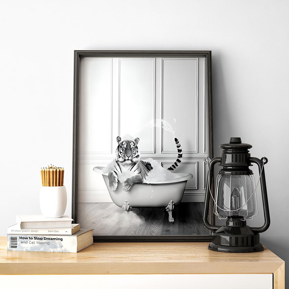 1 stuks Hete Humor Grappige Zwart Witte Dieren in Badkuip Badkamer Poster HD Posters Huis Kamer Bar Cafe Decor Kunst Muurschildering Afbeelding