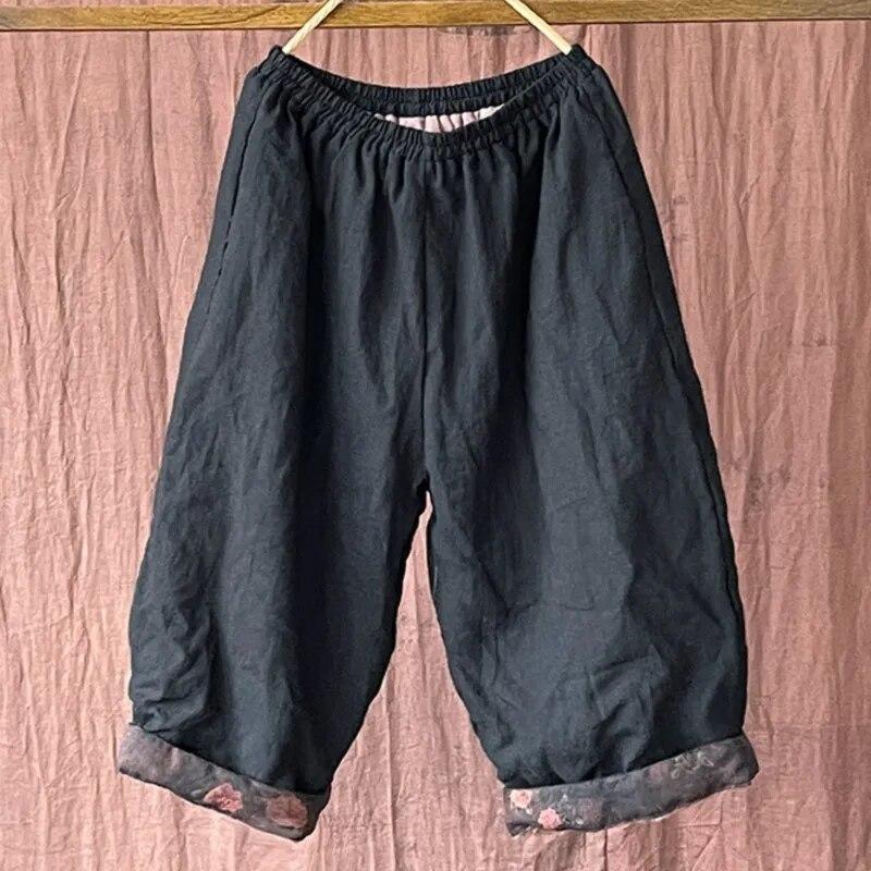 Johnature Women Vintage Linen Wide Leg Pants Elastic Waist Patchwork Pockets Autumn Solid Color Women Calf-length Pants