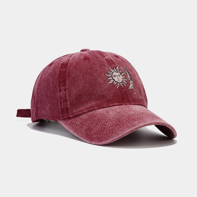 New heat transfer sun and moon pattern soft top baseball cap couple European and American washed retro cap