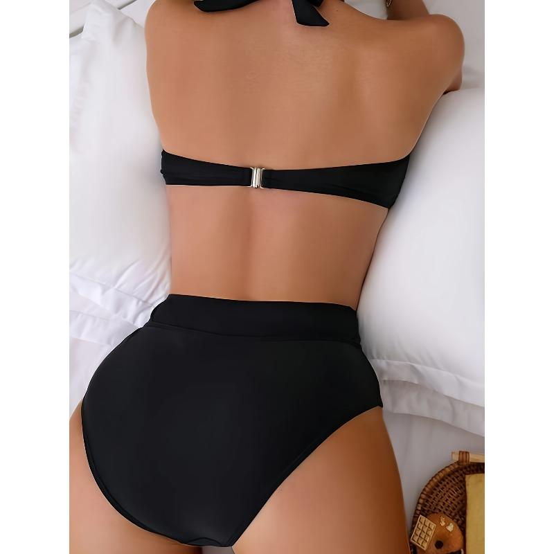 Damesbikiniset - Zwart Zwempak met V-hals en Vetersluiting, Hoge Stretchstof, Perfect voor Strand en Zwembad, Strandzwempak