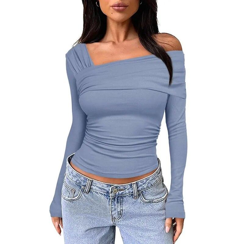 Fashion 2024 Slim Fit Womens White T-shirt Solid Long Sleeve Pleated Tops T-shirt For Women Autumn Skew Collar T Shirts 30613