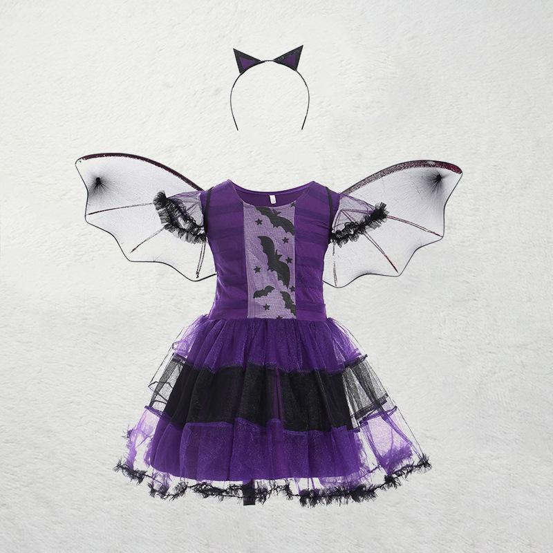 Girls Purple Bat Dress Kids Cosplay Vampire Demon Costume With Wing Headwear Halloween Carnivat Witch Role Play Clothes