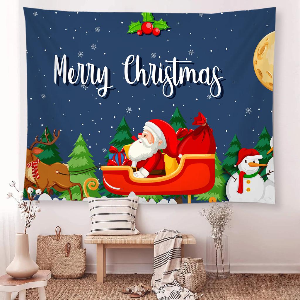 Sneeuw Kerstboom Open haard Kerstman Print Tapijt Muur Opknoping Achtergrond Doek Decor Kerst Thuis Kamer Wanddecoratie