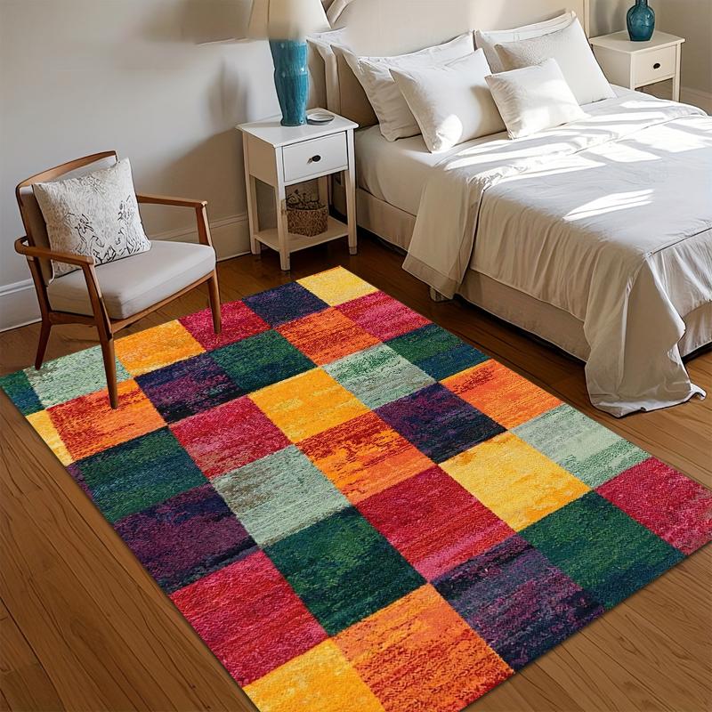 Bold Geometric Patchwork Area Rug with Bright Multicolor Squares Non Slip Floor Carpet for Nursery Bedroom Living Room