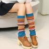 1 Par Estilo Étnico Estampa Listrada Punhos Canelados Altura do Joelho Aquecedores de Pernas de Tricô Outono Inverno Feminino Meias Quentes para Botas