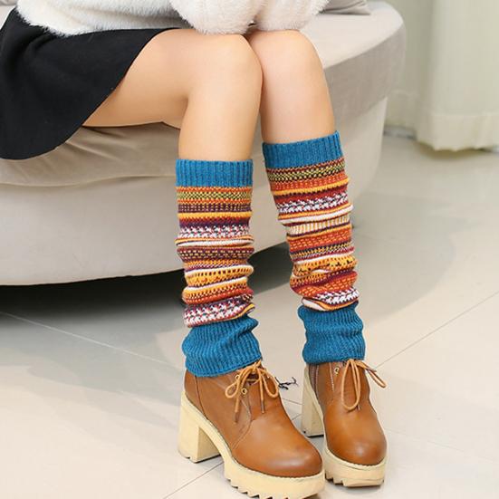 1 Par Estilo Étnico Estampa Listrada Punhos Canelados Altura do Joelho Aquecedores de Pernas de Tricô Outono Inverno Feminino Meias Quentes para Botas