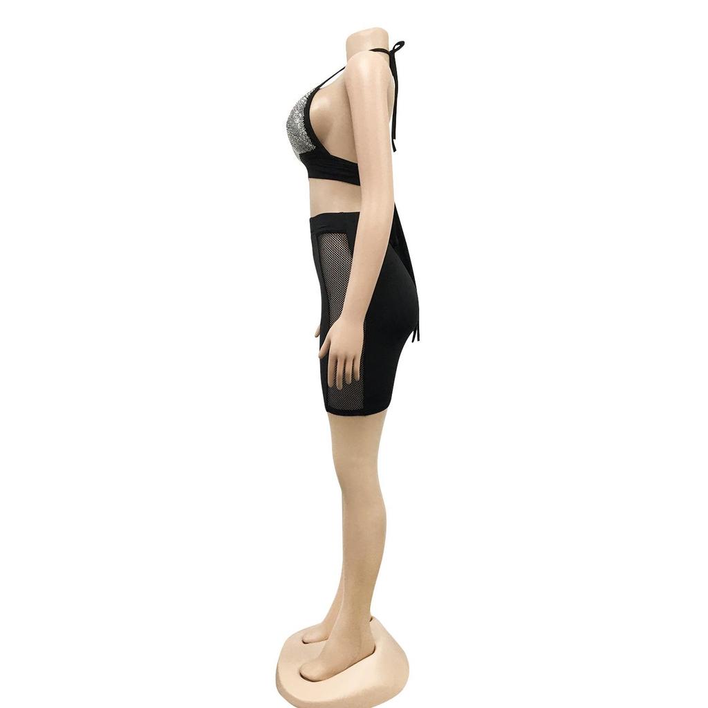 C3645 Fashion European & American Nightclub Skirt: Hot Drilling, Cross Straps, Backless Two-Piece Set