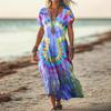 Summer Women's Dress Short-sleeved Retro Shuttle Printed V-neck Casual Fashion Beach Long Skirt