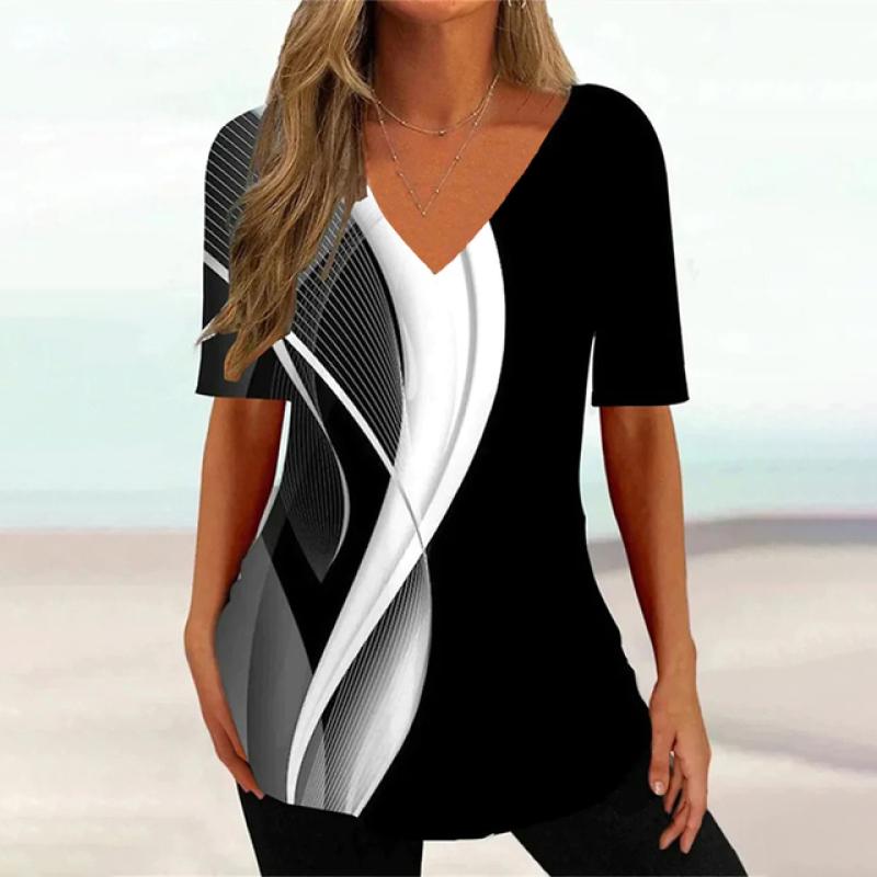 2024 Boutique Floral Pattern T Shirt Women's Temperament Short-Sleeved Summer V Neck Women's T Shirt Oversized Casual Clothing