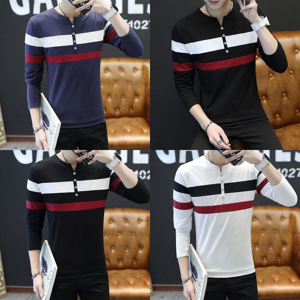 Premium Quality Men's New Fashion V-neck Button Striped T-shirt For Stylish Comfort