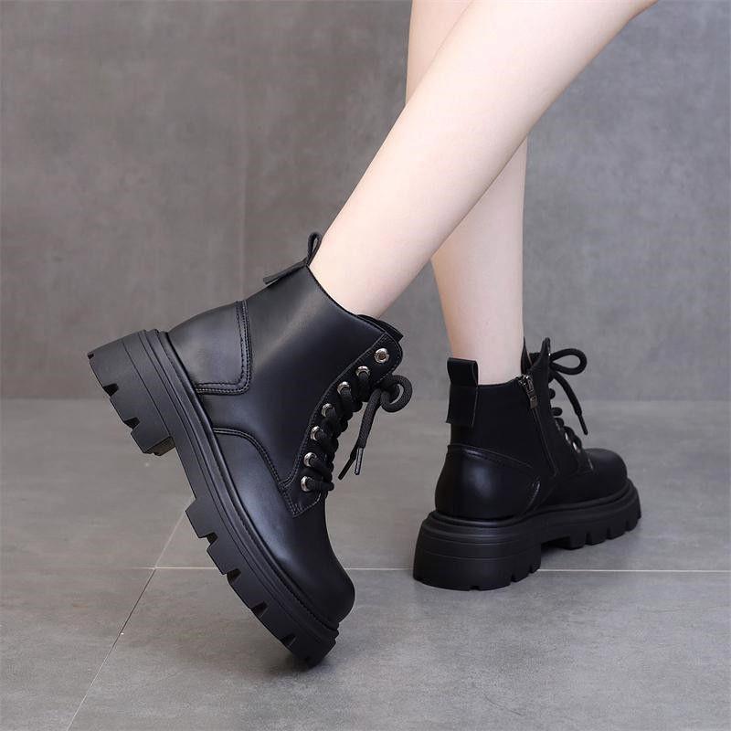 Dames Britse Stijl 2025 Leer Dikke Zool Martin Boots - Hoogteverhogende, Slankmakende Korte Laarzen voor Lente en Herfst.