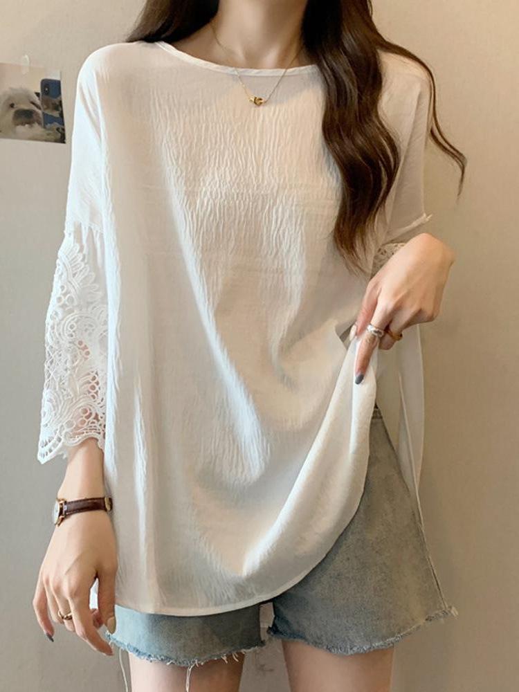 Tricouri cu Mânecă Scurtă, Gât Rotund, Mărime Mare, Cusături din Dantelă, Volane, Îmbrăcăminte Femeiască, Vara, Largi, Culoare Uni, Casual, Topuri Dulci