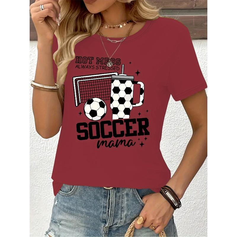 Camiseta Estampada Gráfica, Manga Corta Cuello Redondo Top Casual para Verano y Primavera, Ropa de Mujer