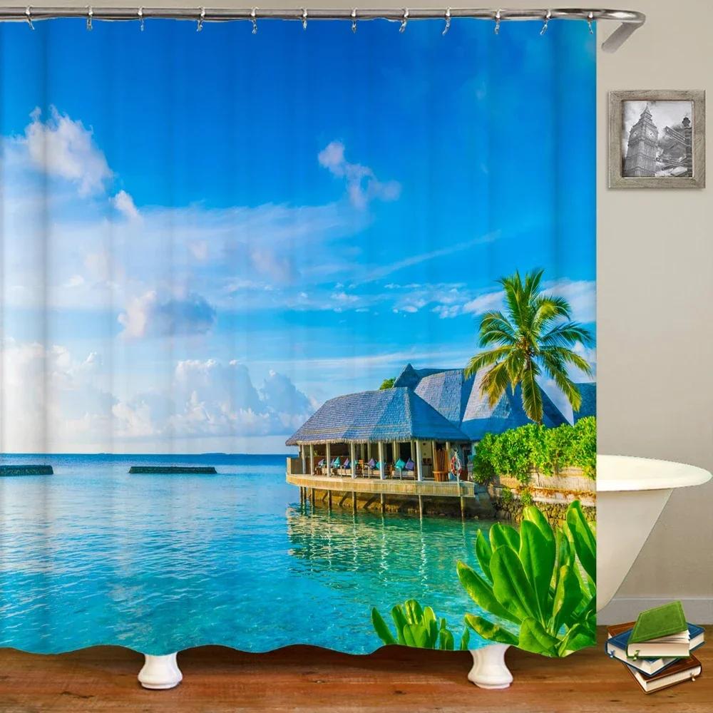 Waterproof Shower Curtain Various Sunshine Beach Scenery Seaside 3D Printing Shower Curtain Polyester Home Decor Curtain