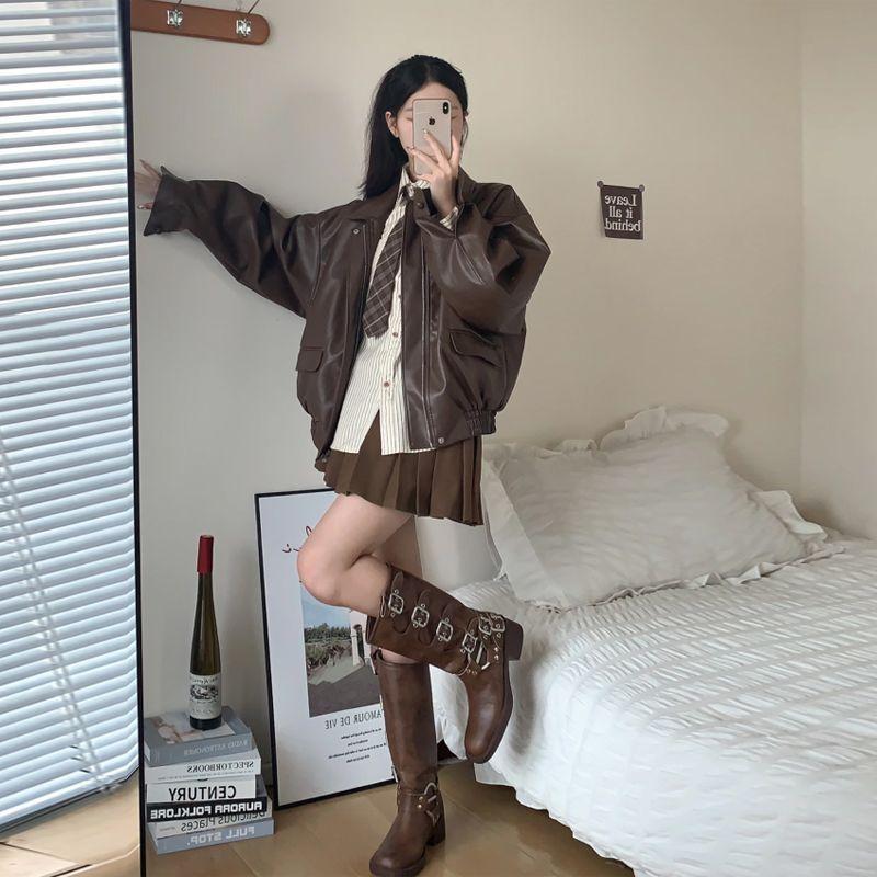 Vintage  Leather Women's Cropped Jacket Loose Fit Korean Style Motorcycle Jacket Stylish Petite Autumn  New Arrival