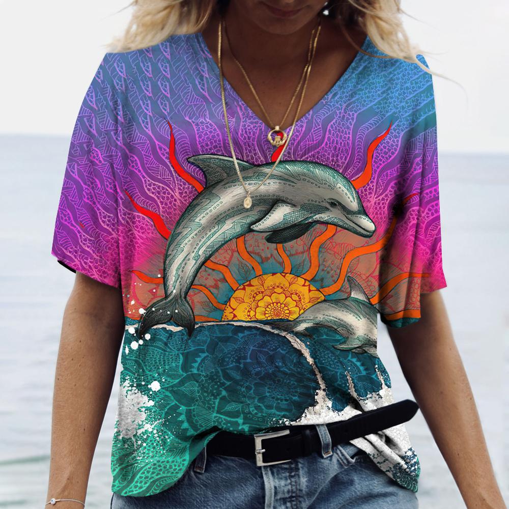 Women's T-shirt Dolphin Print Top V-neck Fashionable Women