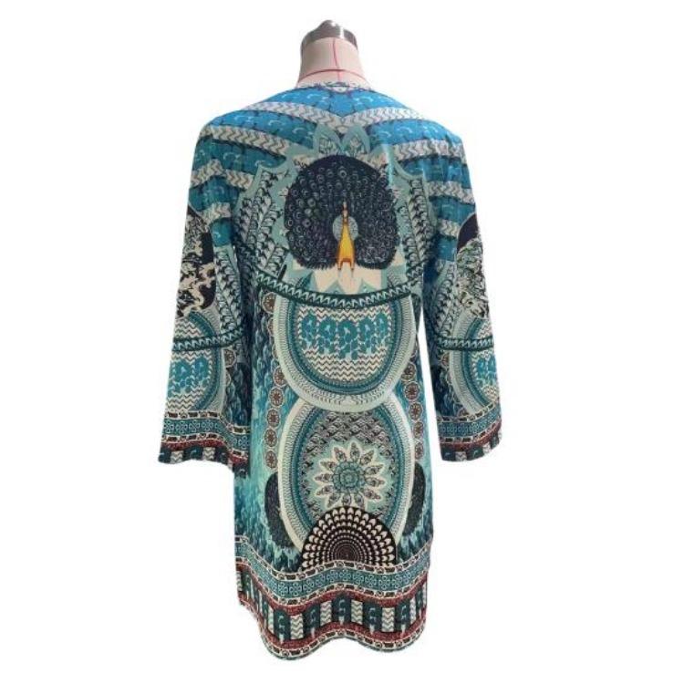 Retro Ethnic Print Summer Dress Women Long Sleeves V Neck Soft Breathable Loose Knee Length Casual Daily Midi Dress