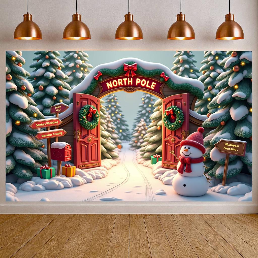 Holiday Celebration Background Holiday Archway Christmas Display North Pole Banner Snow-Covered Trees Winter Scene Display