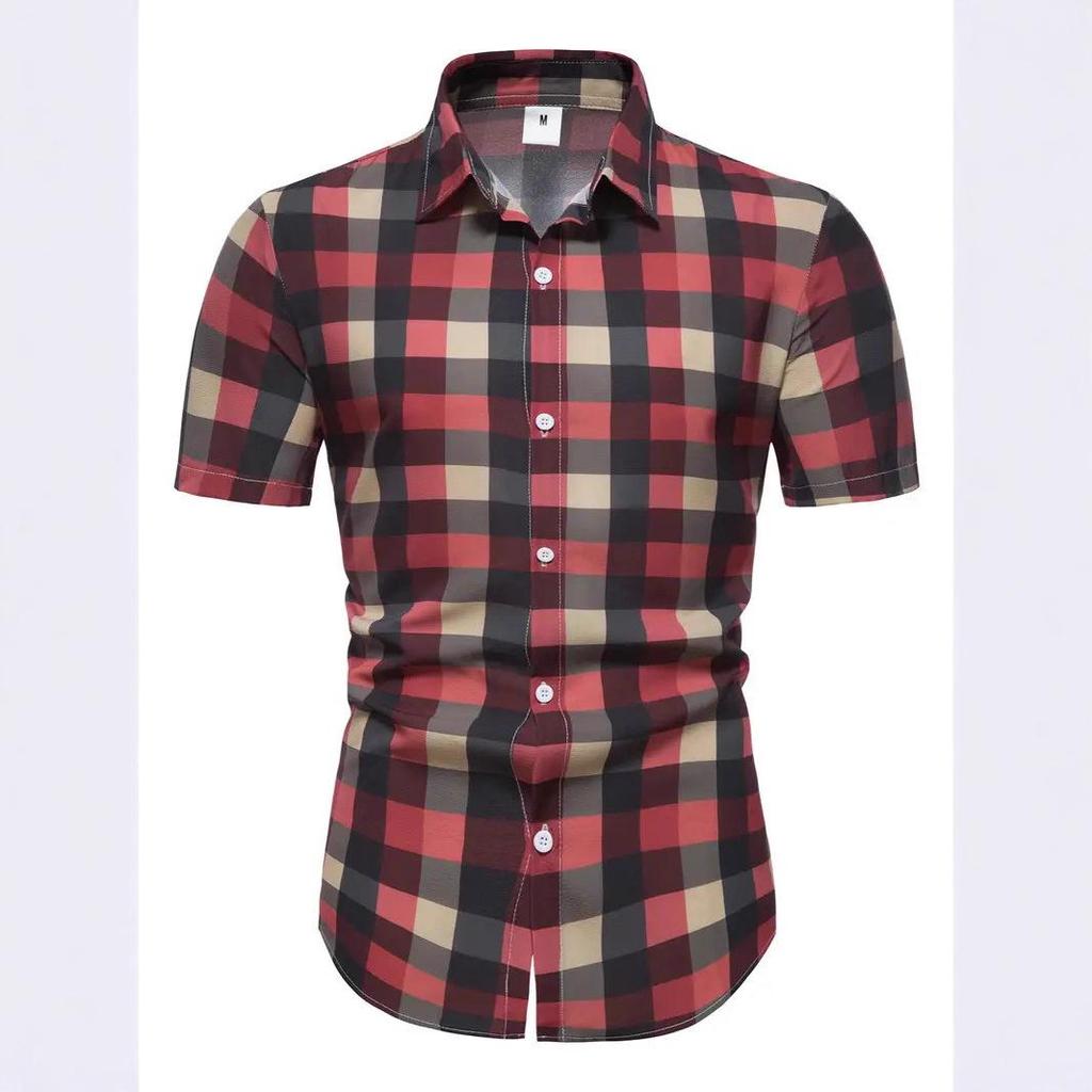 Men's Trendy 3D Print Plaid Slim Fit Short Sleeve Casual Shirt