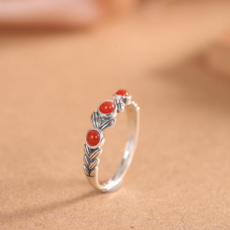 Adjustable Open Ring With Red Agate Wheat Motif Minimalist Vintage Boho Jewelry Women Men