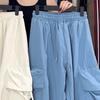 Hiphop-stijl cargobroek dames grote zakken casual broek losse wijde pijpen hoge taille effen kleur broek streetwear