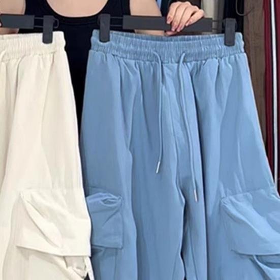 Hiphop-stijl cargobroek dames grote zakken casual broek losse wijde pijpen hoge taille effen kleur broek streetwear