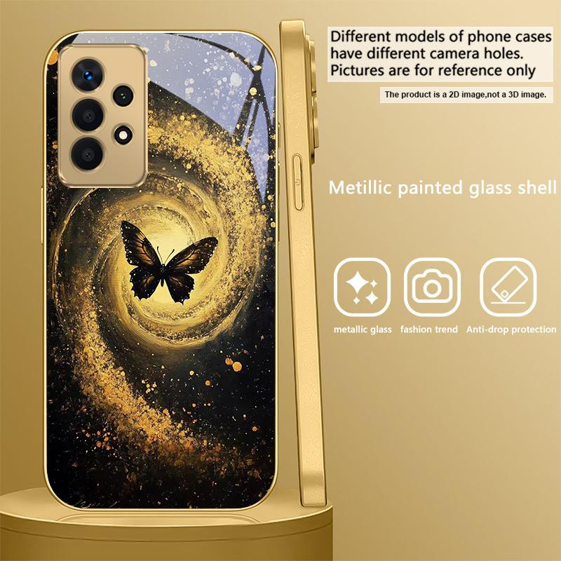 Vortex Black Butterfly For Samsung A 31 32 A33 A34 35 14 A15 13 A16 25 26 50 52 53 54 55 56 70 71 72 73 Golden Glass Phone Case