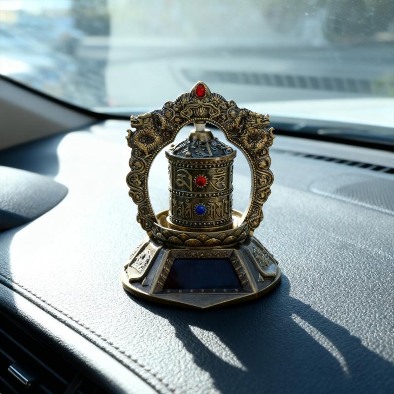 Solar Buddhas Scriptures Prayer Wheel Solar Powered Tibetan Prayer Wheel Ornament for Desk Car Interior Dashboard Decors