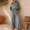 Womens Striped Shirt and Wide Leg Pants Two Piece Set Collared Long Sleeve Drawstring Waist Loungewear Outfit