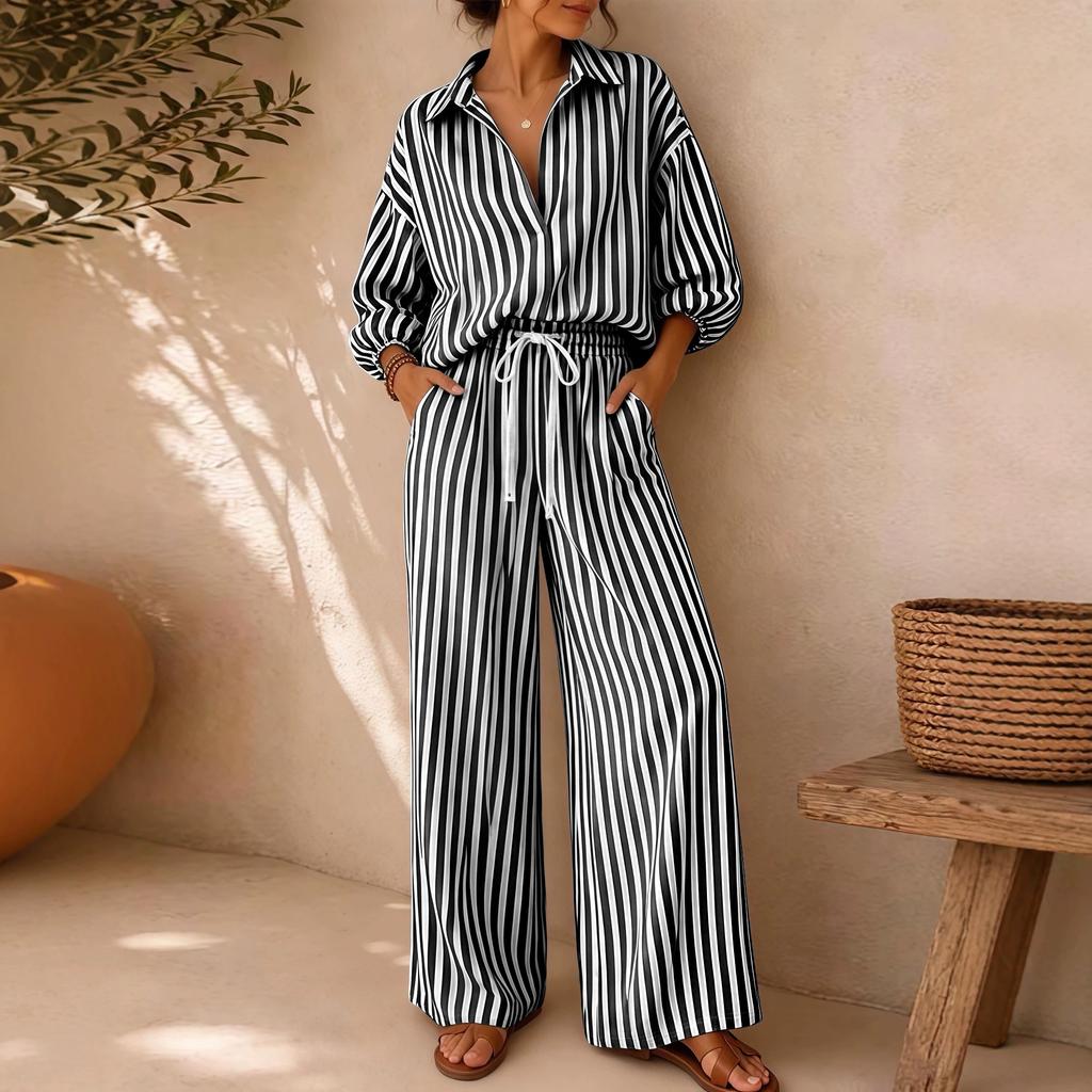 Womens Striped Shirt and Wide Leg Pants Two Piece Set Collared Long Sleeve Drawstring Waist Loungewear Outfit