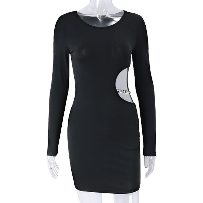 Hollow Out Black Elegant Short Dress Women Fashion Sexy Waist Metal Chain Splicing Slim Fit Long Sleeved Party Dresses O Neck Casual Bodycon Clothing