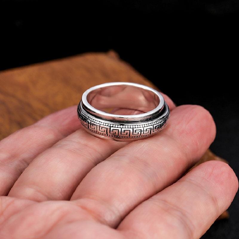 S925 Sterling Silver Movable Great Wall Pattner Ring Men Women Real Silver Double -Layer Rotatable Rings Jewelry