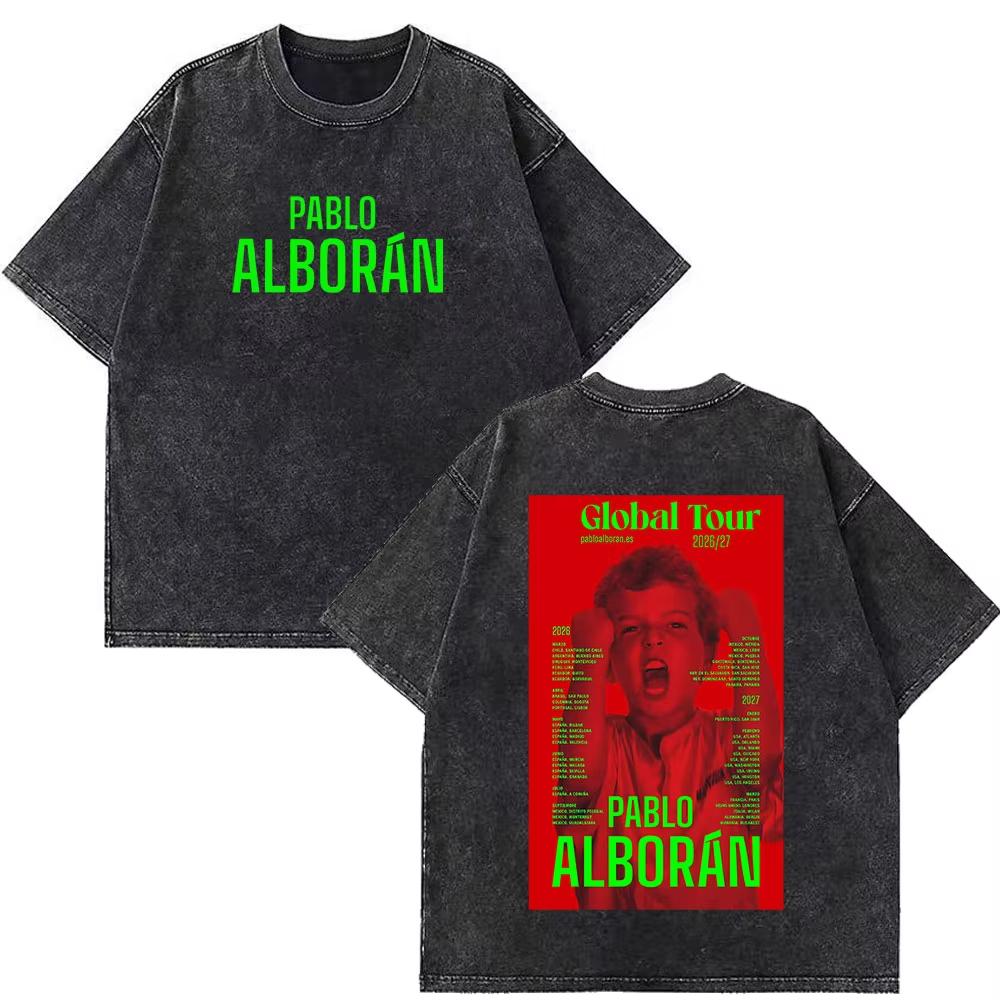 Camisetas Estampadas Pablo Alborán Gira Mundial Kmo 2026 Lavadas Estilo Vintage para Hombre Mujer Hiphop Casual Oversize Streetwear